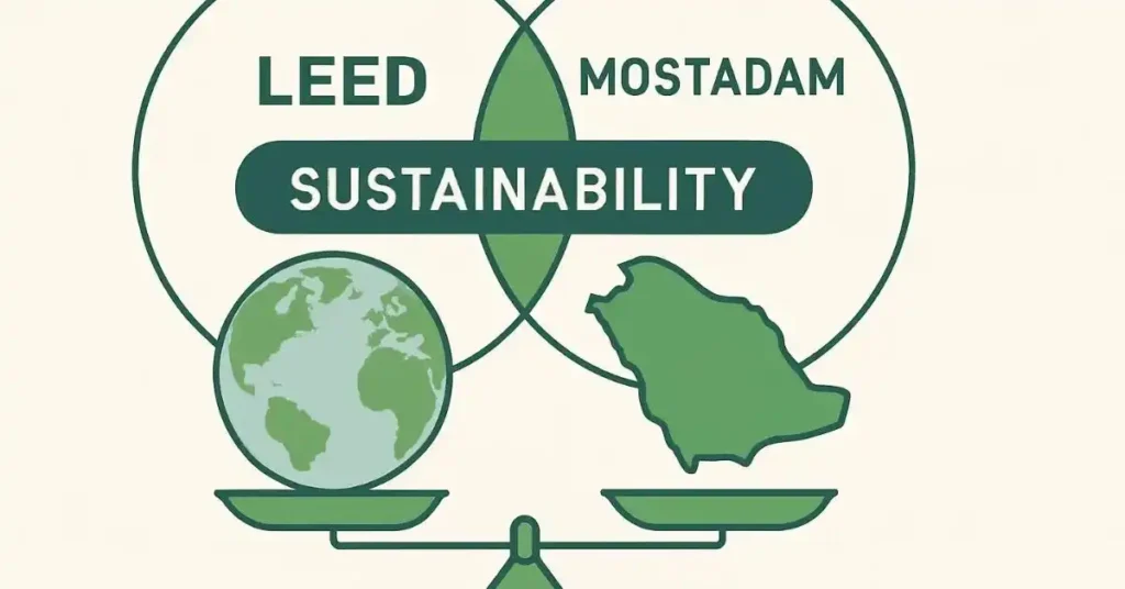 LEED offers a global standard, while Mostadam provides a regionally focused framework for Saudi Arabia, both aiming for sustainability.