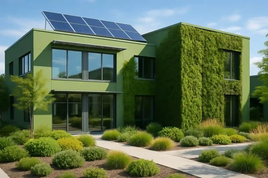 Modern green buildings integrate sustainable features like solar power and green facades to minimize environmental impact