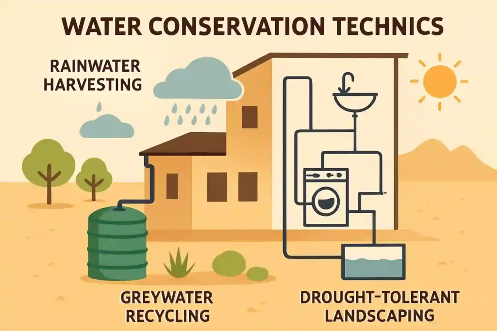 Water conservation techniques like rainwater harvesting and greywater recycling are crucial in arid regions and emphasized by systems like Mostadam