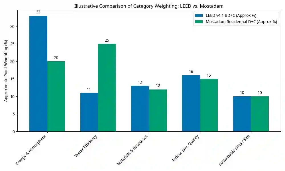llustrative comparison showing potential differences in category weighting emphasis between LEED